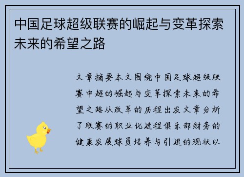 中国足球超级联赛的崛起与变革探索未来的希望之路