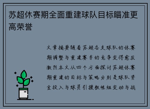 苏超休赛期全面重建球队目标瞄准更高荣誉