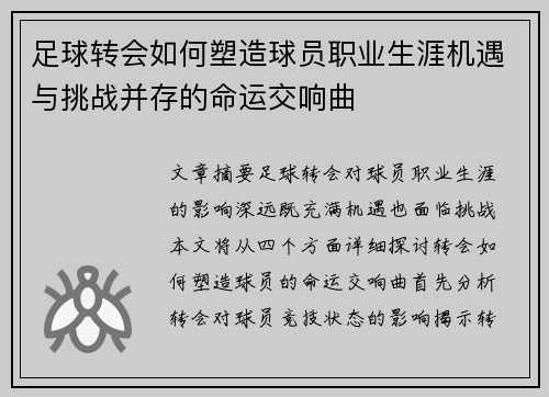 足球转会如何塑造球员职业生涯机遇与挑战并存的命运交响曲